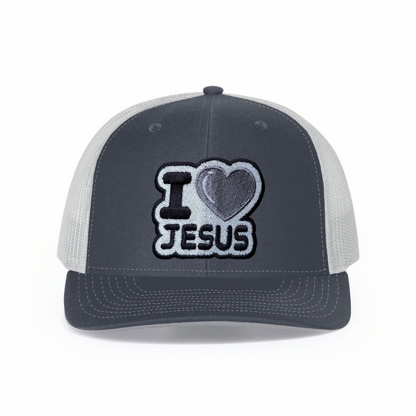 I Heart Jesus Trucker Hat Charcoal On White Adjustable Richardson 112 Snapback