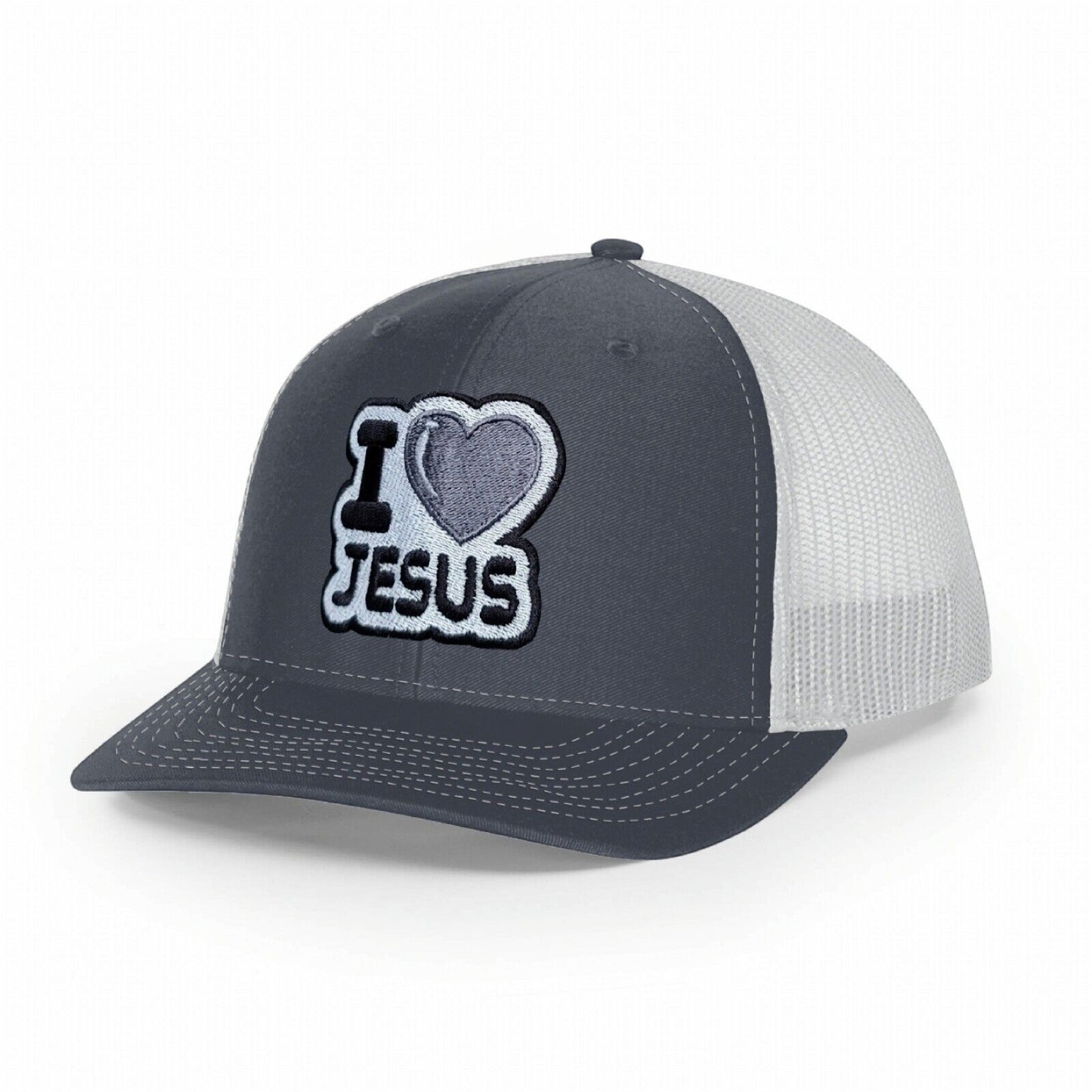 I Heart Jesus Trucker Hat Charcoal On White Adjustable Richardson 112 Snapback