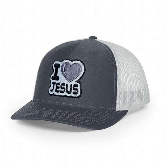 I Heart Jesus Trucker Hat Charcoal On White Adjustable Richardson 112 Snapback