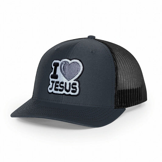 I Heart Jesus Trucker Hat Dark Gray On Black Adjustable Richardson 112 Snapback